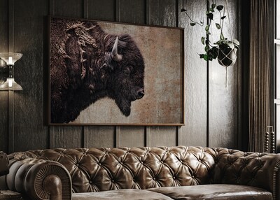 Bison photo wall art, buffalo painting canvas print, western decor, large photo wall art, rustic cabin decor, old west print - image1
